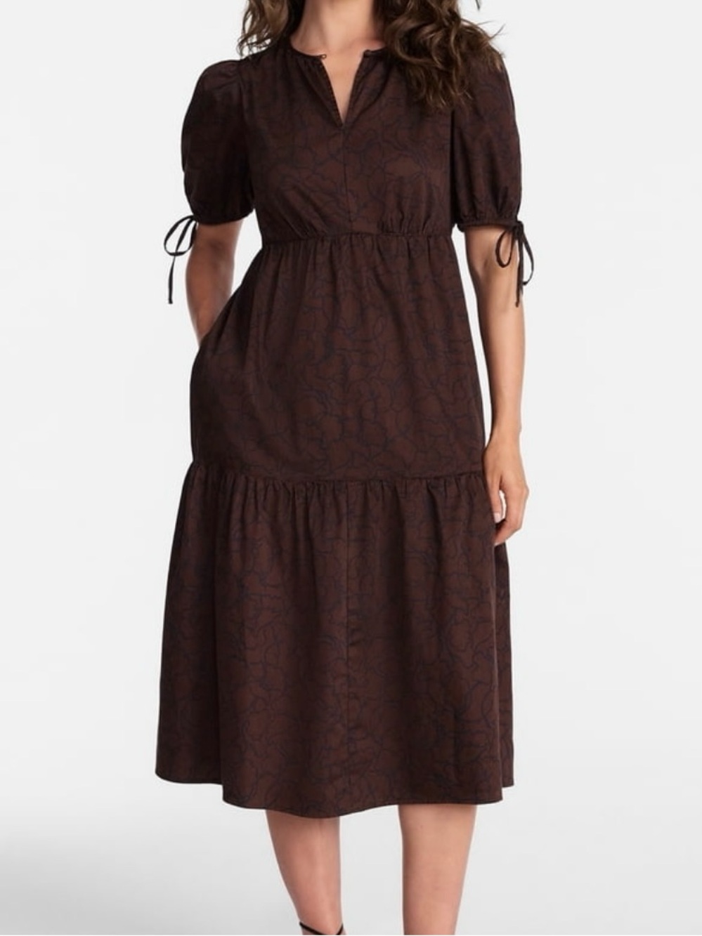 Time and Tru Brown Tiered Puff-Sleeve Midi Dress new with tags size L (12-14)